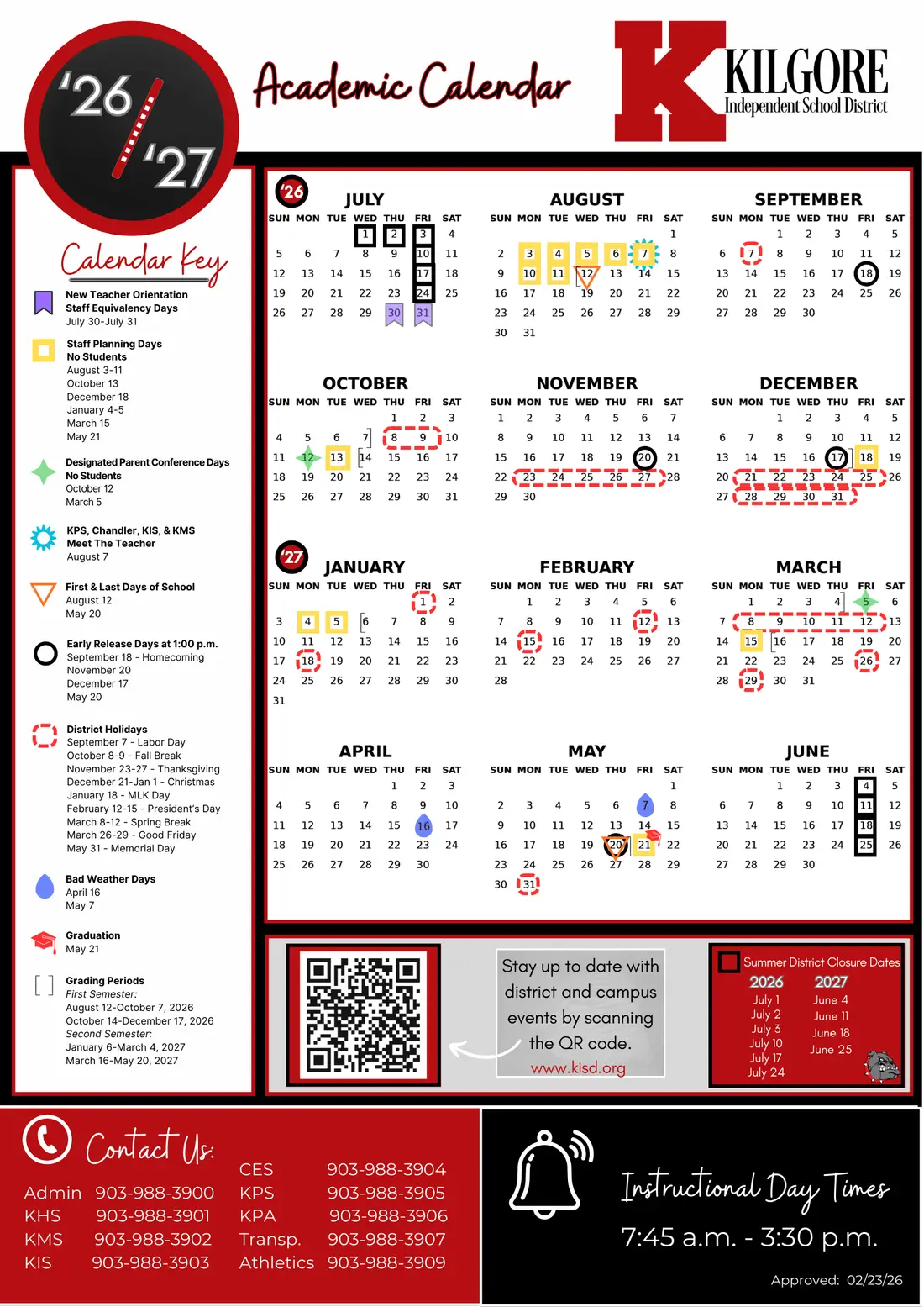 Kilgore ISD 2026–2027 academic calendar
