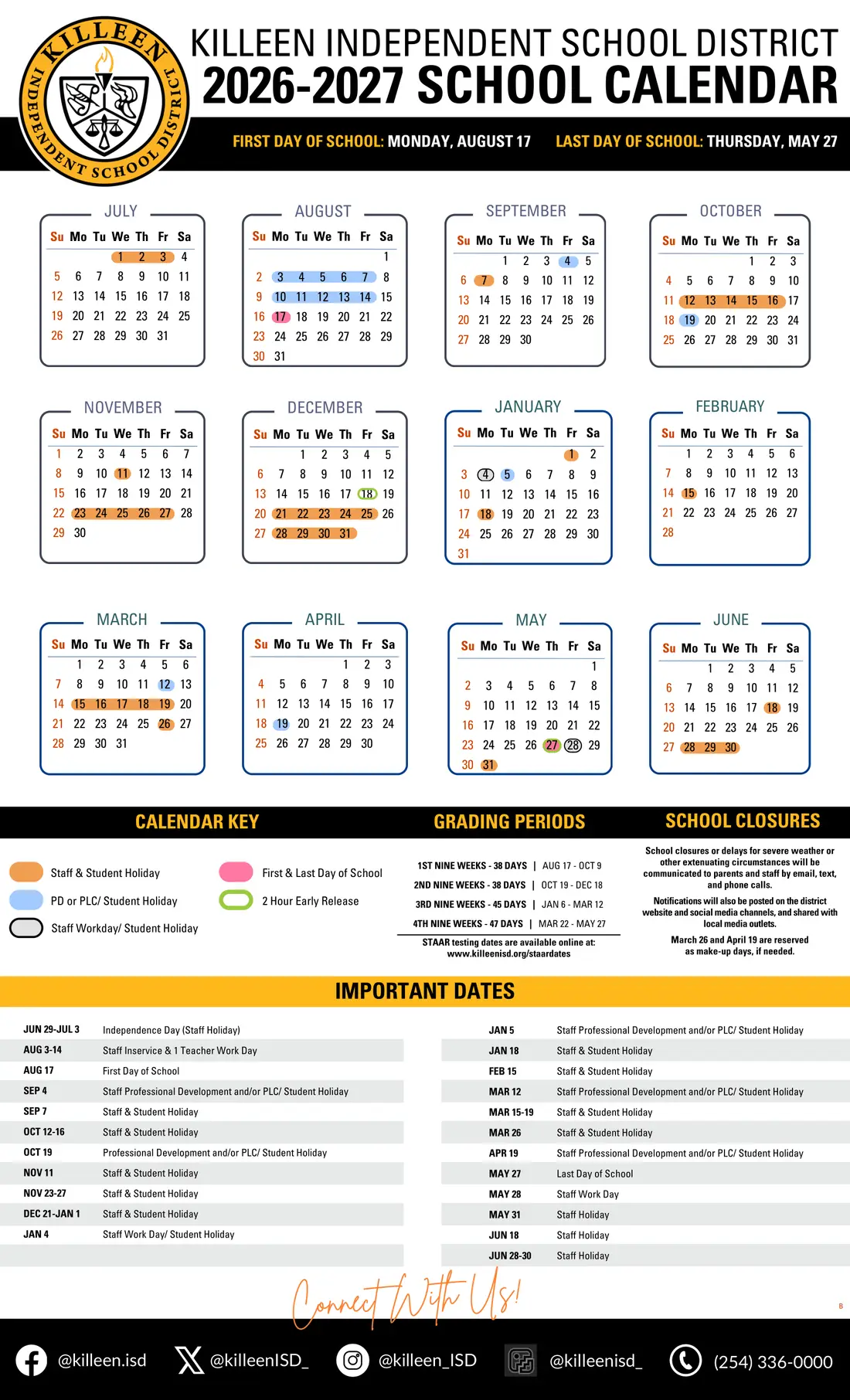 Killeen ISD 2026–2027 academic calendar