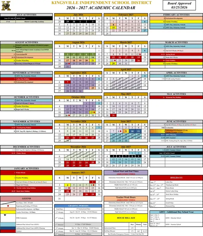 Kingsville ISD 2026–2027 academic calendar