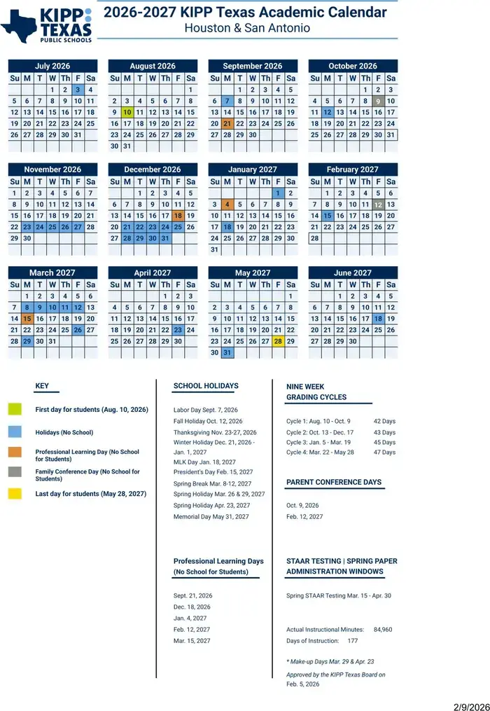 Kipp Texas Public Schools 2026–2027 academic calendar
