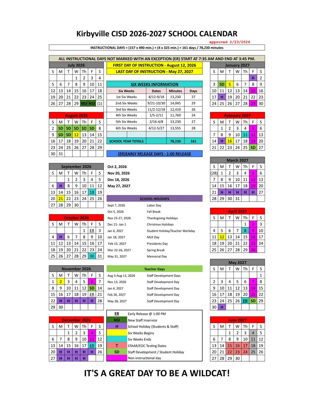 Kirbyville CISD 2026–2027 academic calendar