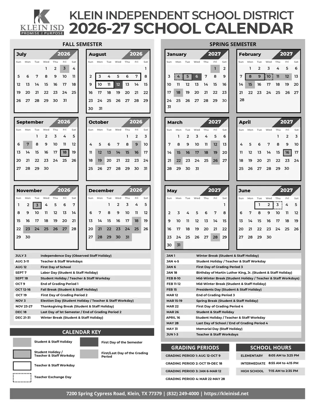Klein ISD 2026–2027 academic calendar