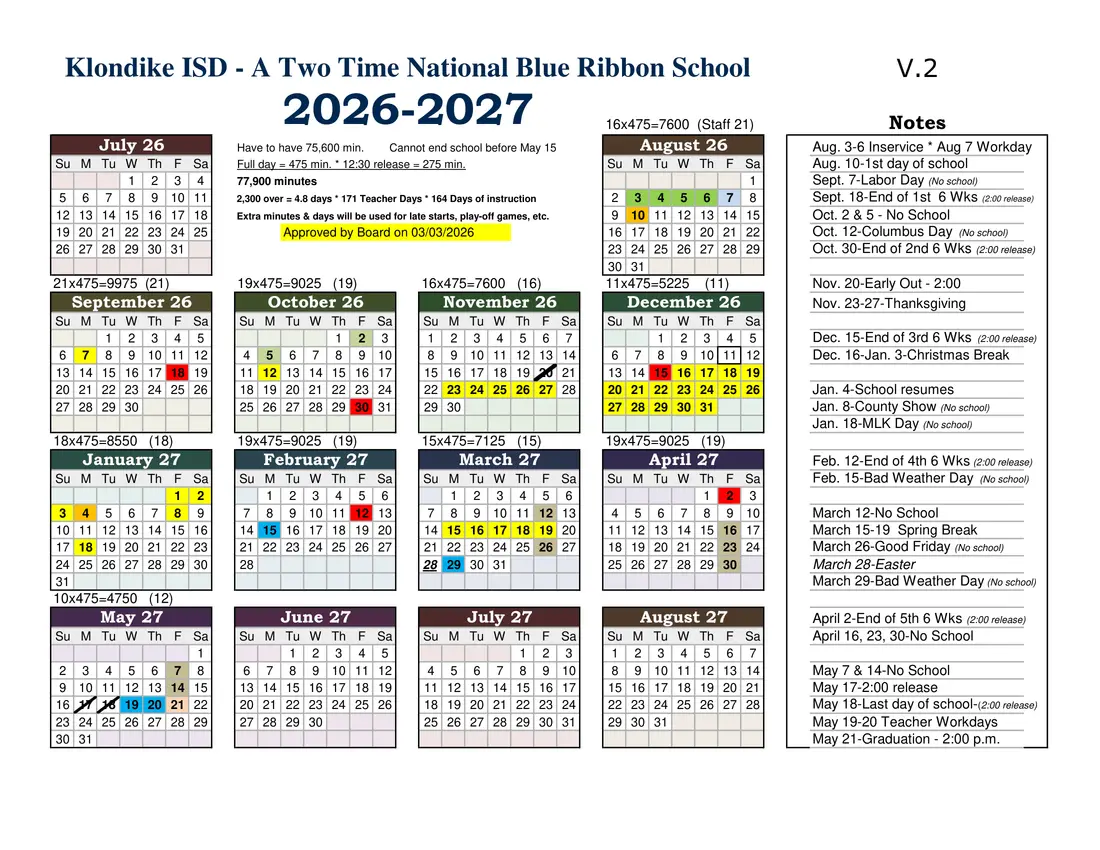 Klondike ISD 2026–2027 academic calendar