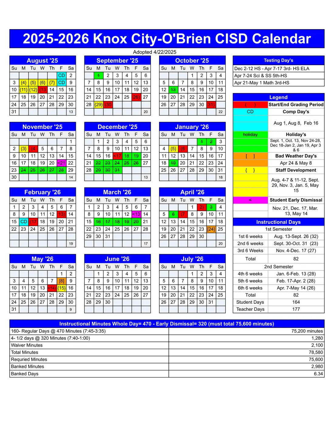 Knox City-o'brien CISD 2026–2027 academic calendar