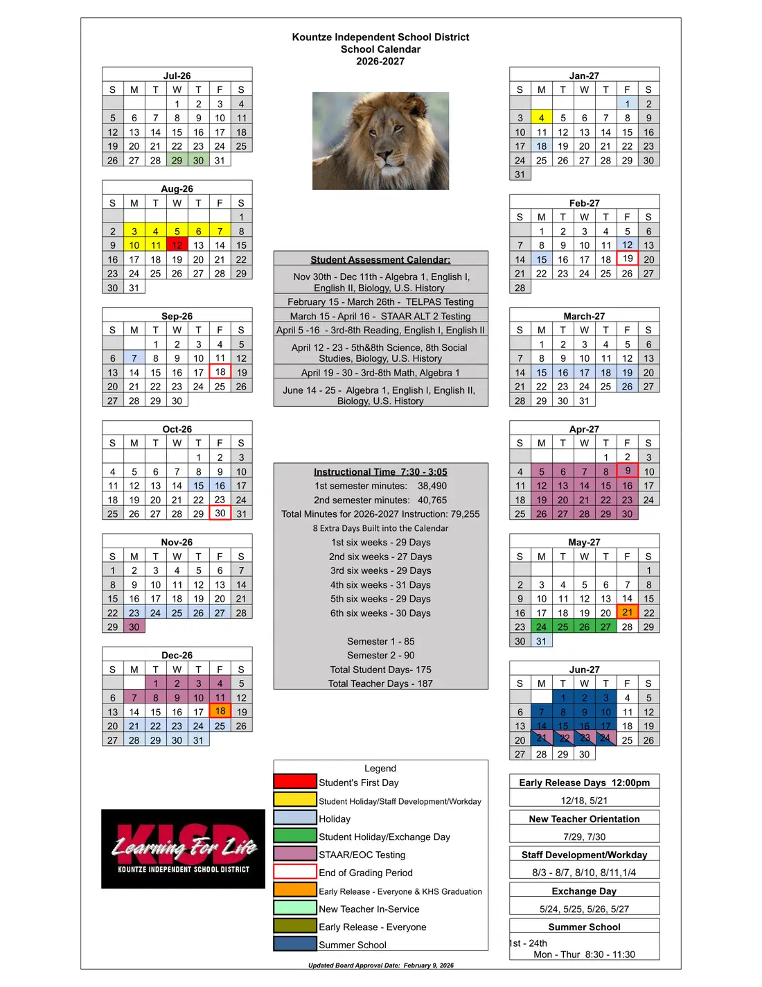 Kountze ISD 2026–2027 academic calendar