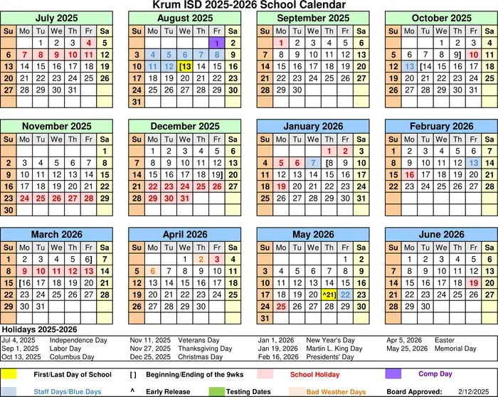 Krum ISD 2026–2027 academic calendar