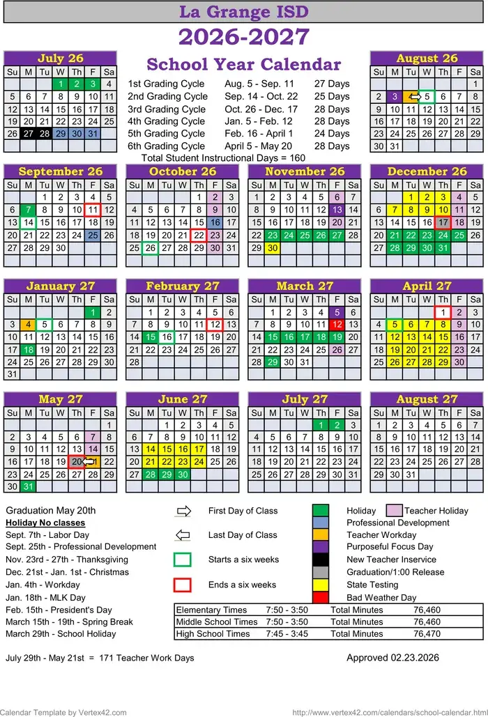 La Grange ISD 2026–2027 academic calendar