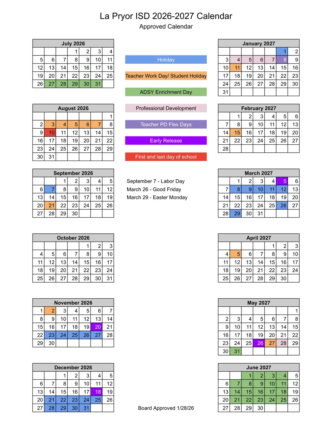La Pryor ISD 2026–2027 academic calendar