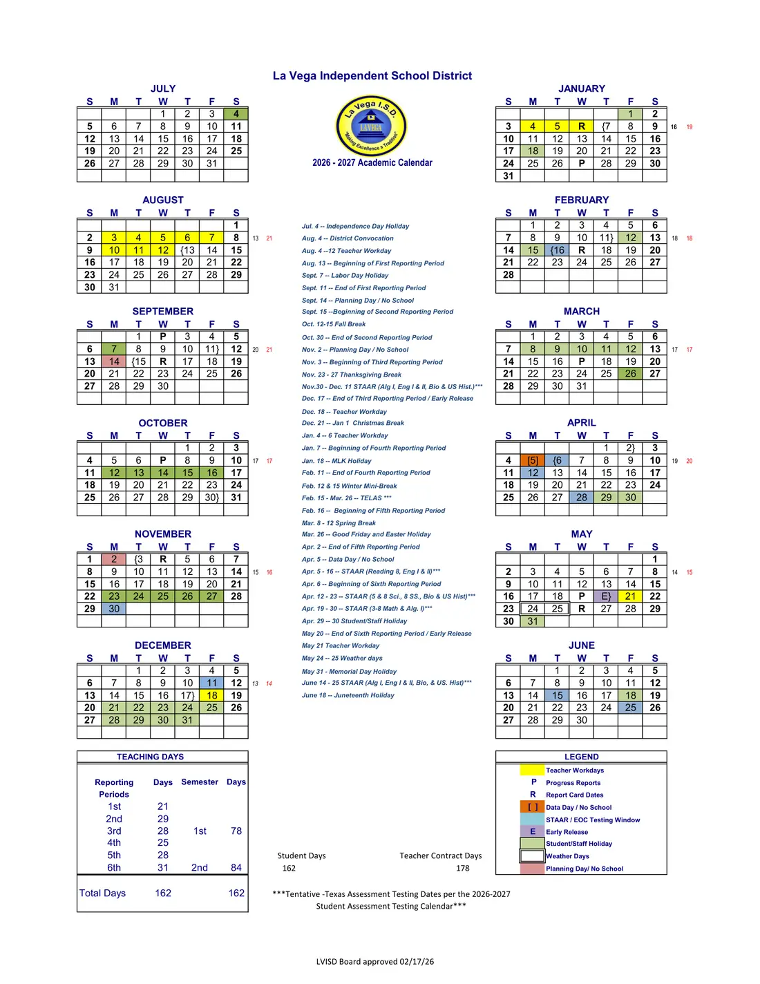 La Vega ISD 2026–2027 academic calendar