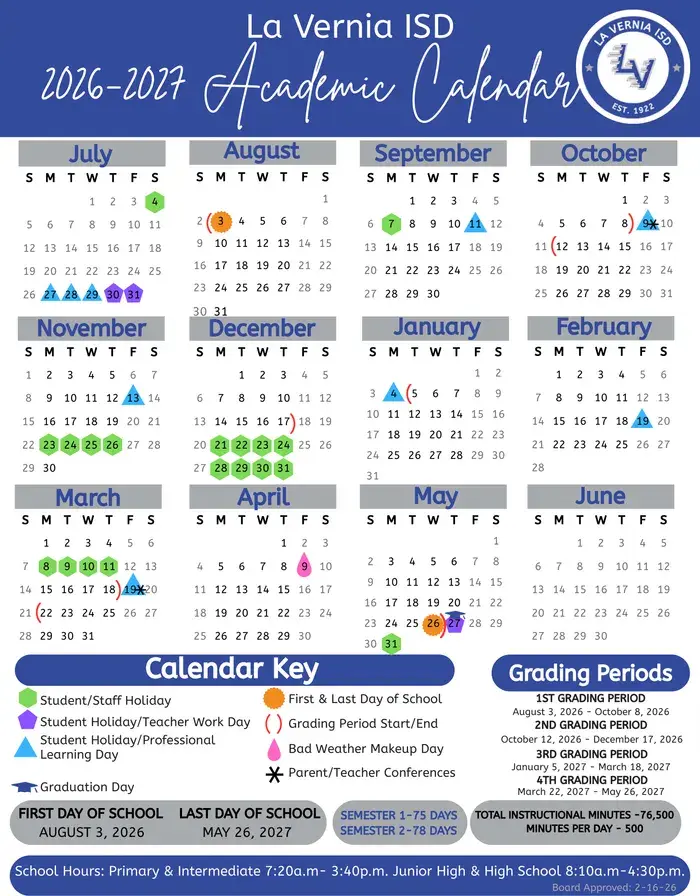 La Vernia ISD 2026–2027 academic calendar