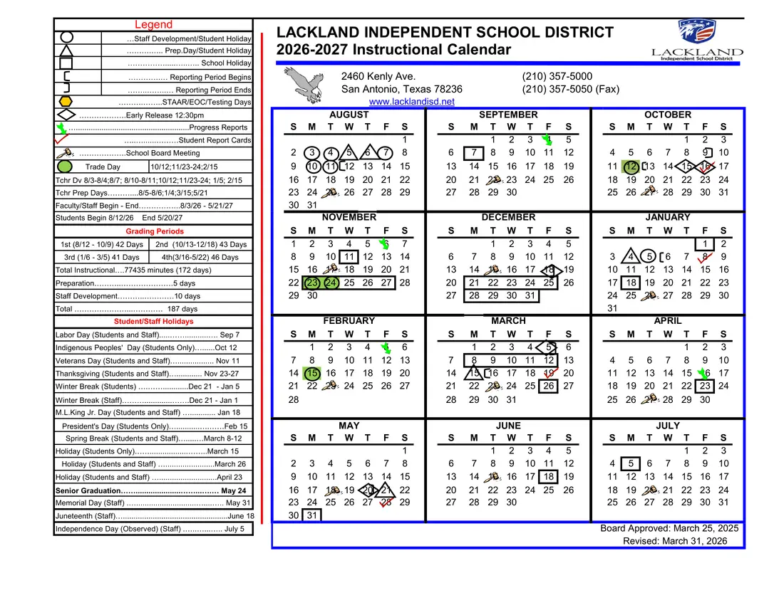Lackland ISD 2026–2027 academic calendar