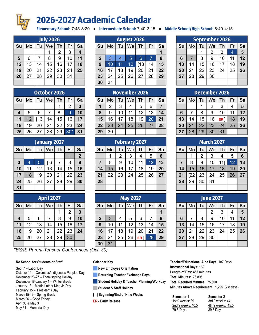 Lago Vista ISD 2026–2027 academic calendar