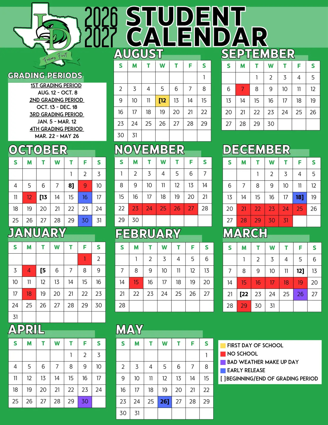 Lake Dallas ISD 2026–2027 academic calendar