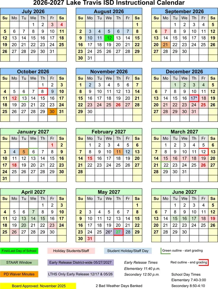 Lake Travis ISD 2026–2027 academic calendar
