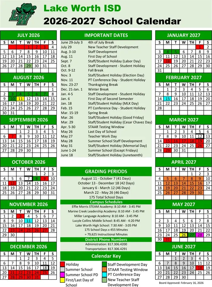 Lake Worth ISD 2026–2027 academic calendar