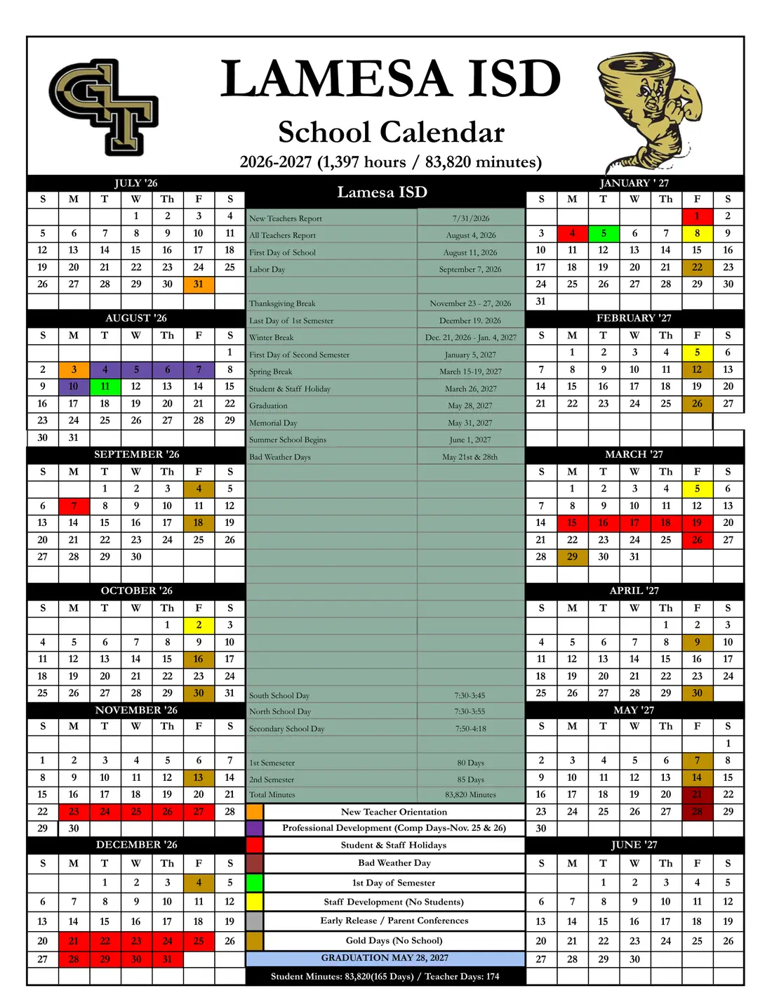 Lamesa ISD 2026–2027 academic calendar