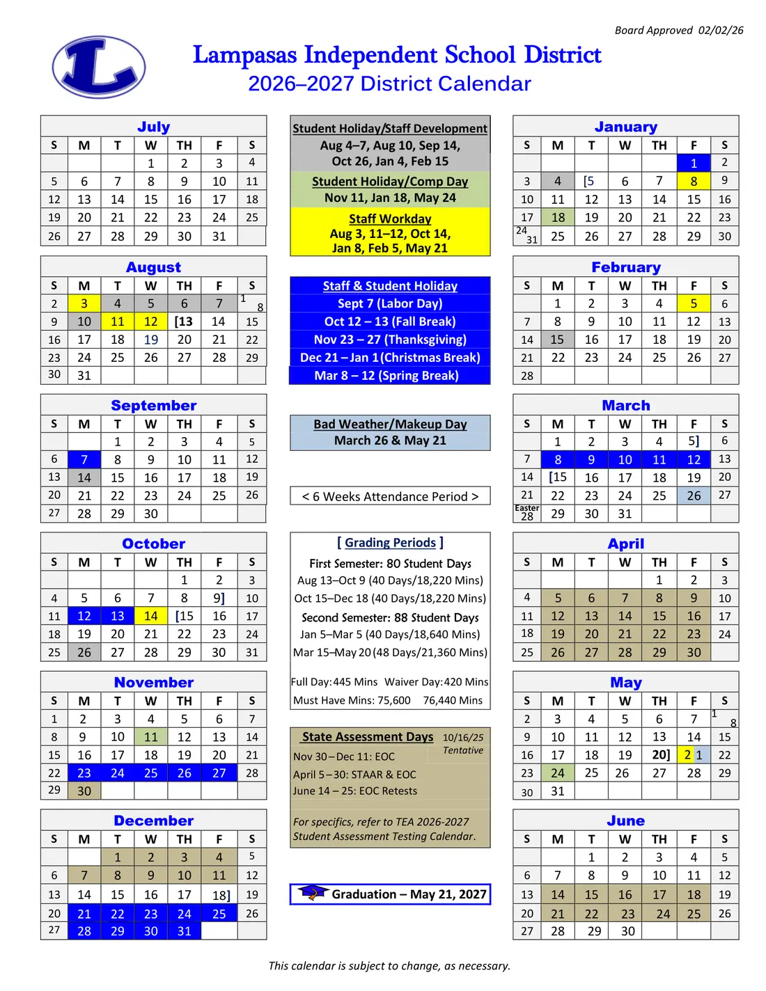 Lampasas ISD 2026–2027 academic calendar