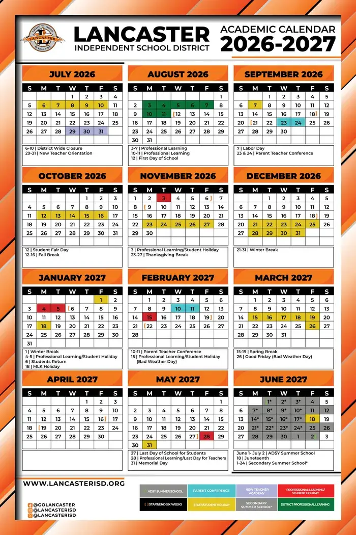Lancaster ISD 2026–2027 academic calendar