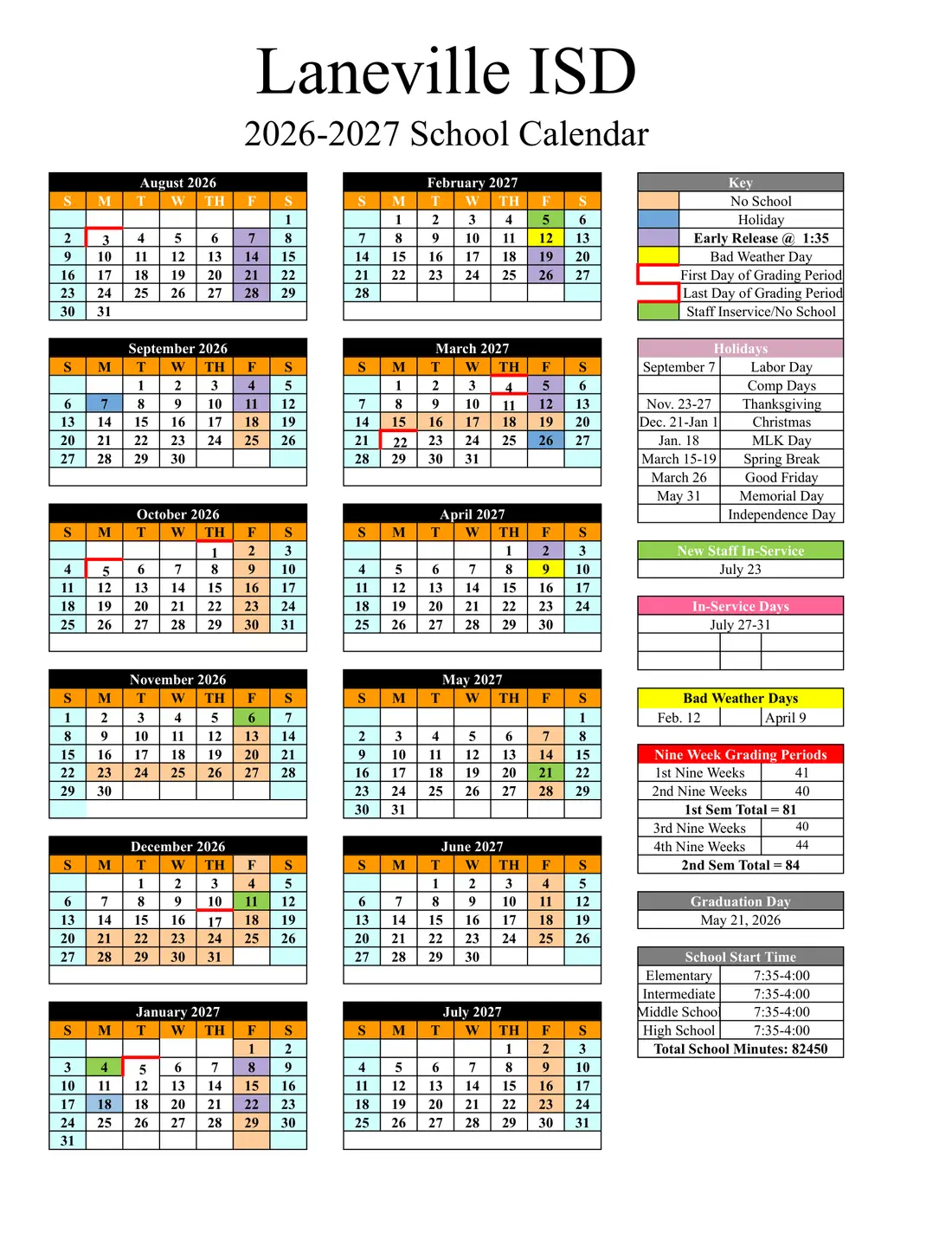Laneville ISD 2026–2027 academic calendar