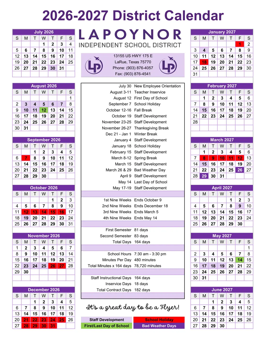 Lapoynor ISD 2026–2027 academic calendar