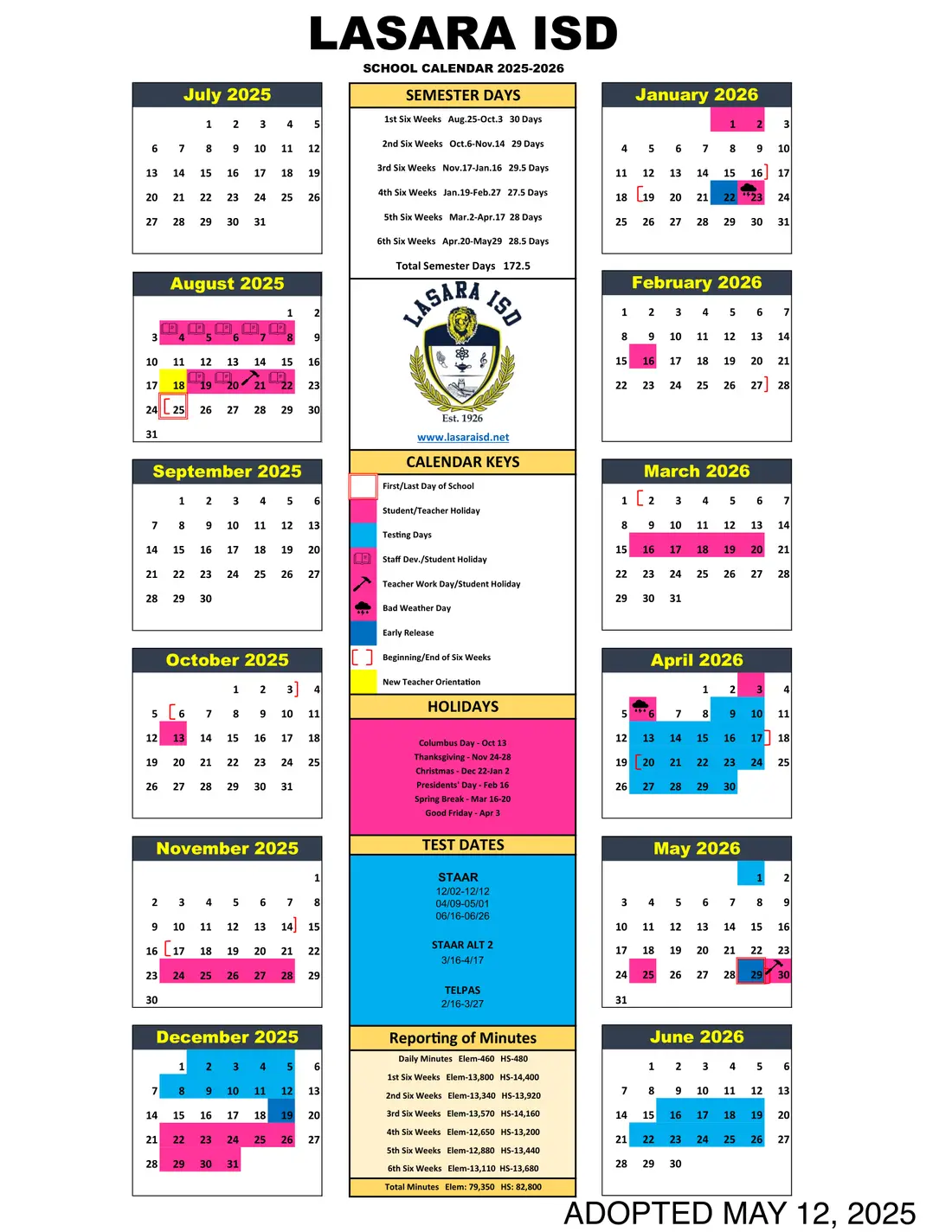 Lasara ISD 2026–2027 academic calendar
