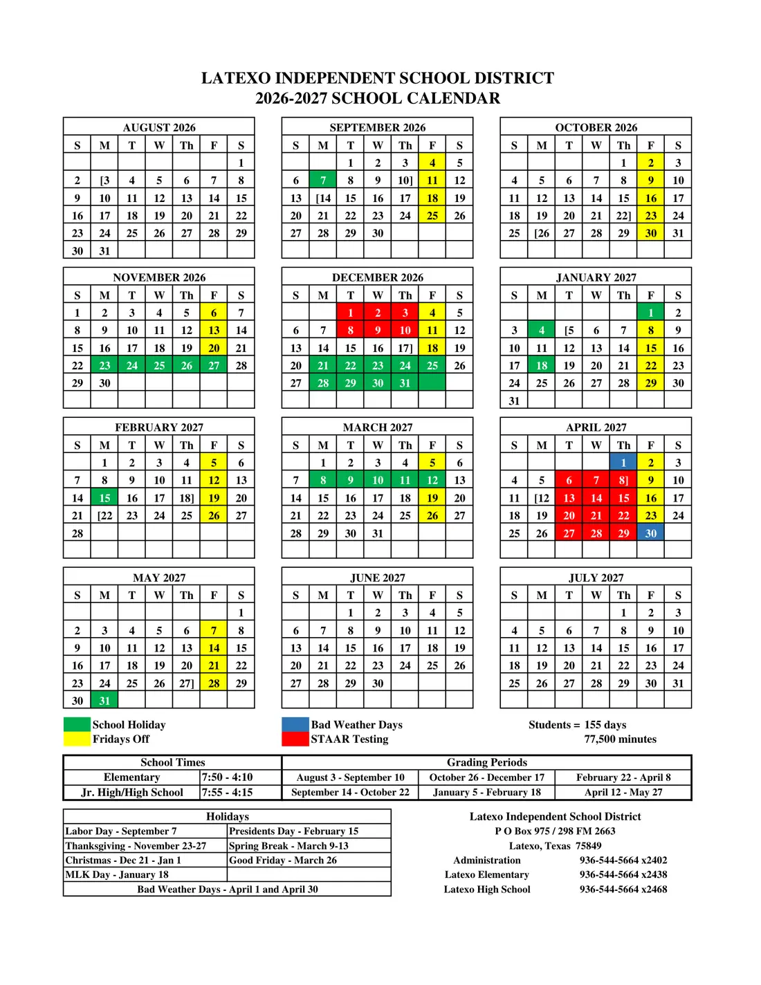 Latexo ISD 2026–2027 academic calendar