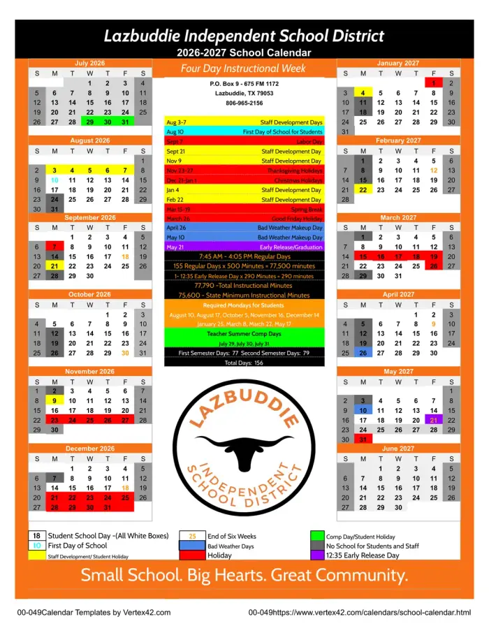 Lazbuddie ISD 2026–2027 academic calendar