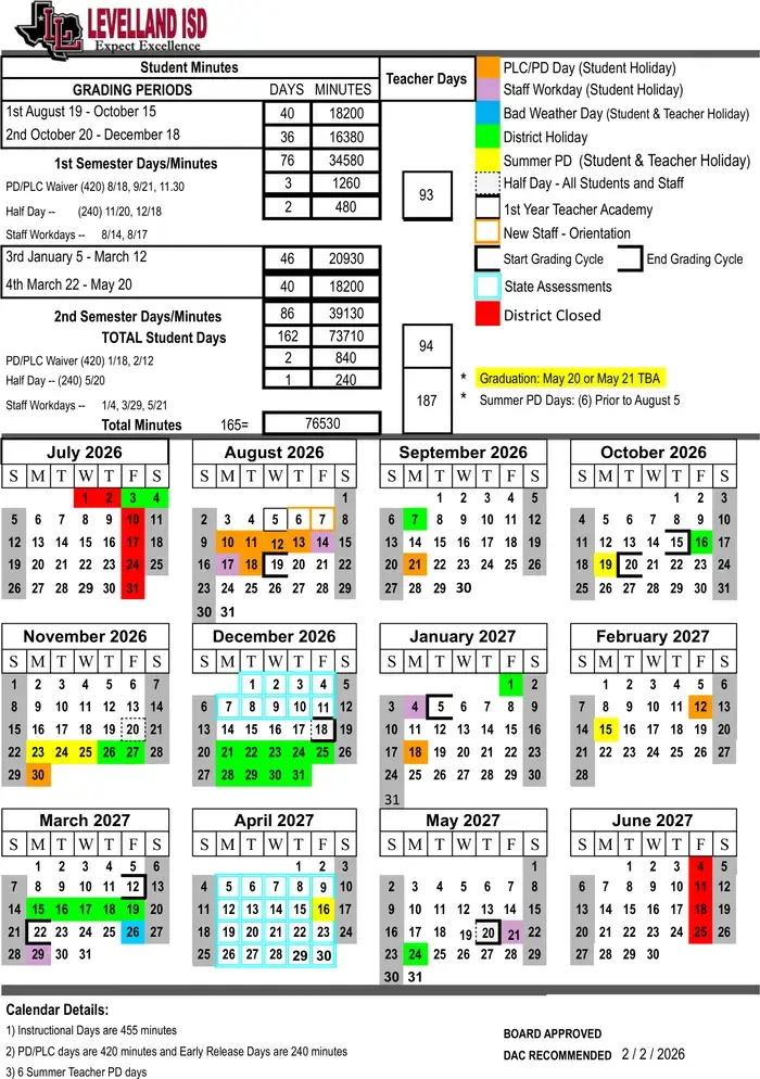 Levelland ISD 2026–2027 academic calendar