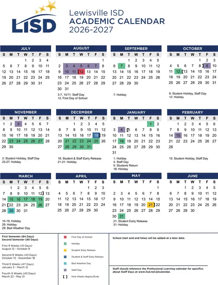 Lewisville ISD 2026–2027 academic calendar