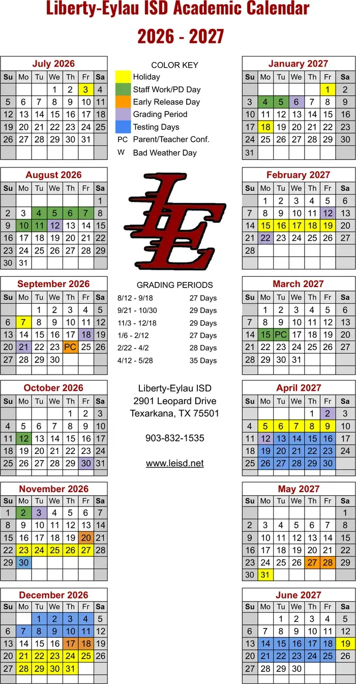 Liberty-eylau ISD 2026–2027 academic calendar