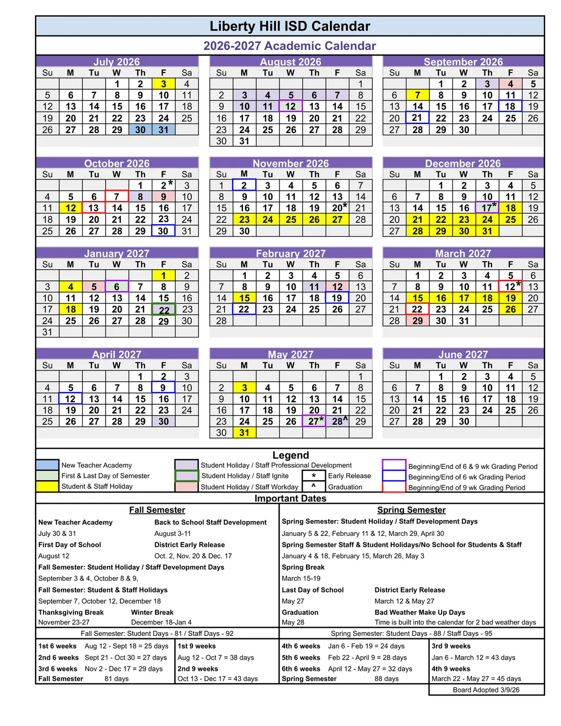 Liberty Hill ISD 2026–2027 academic calendar