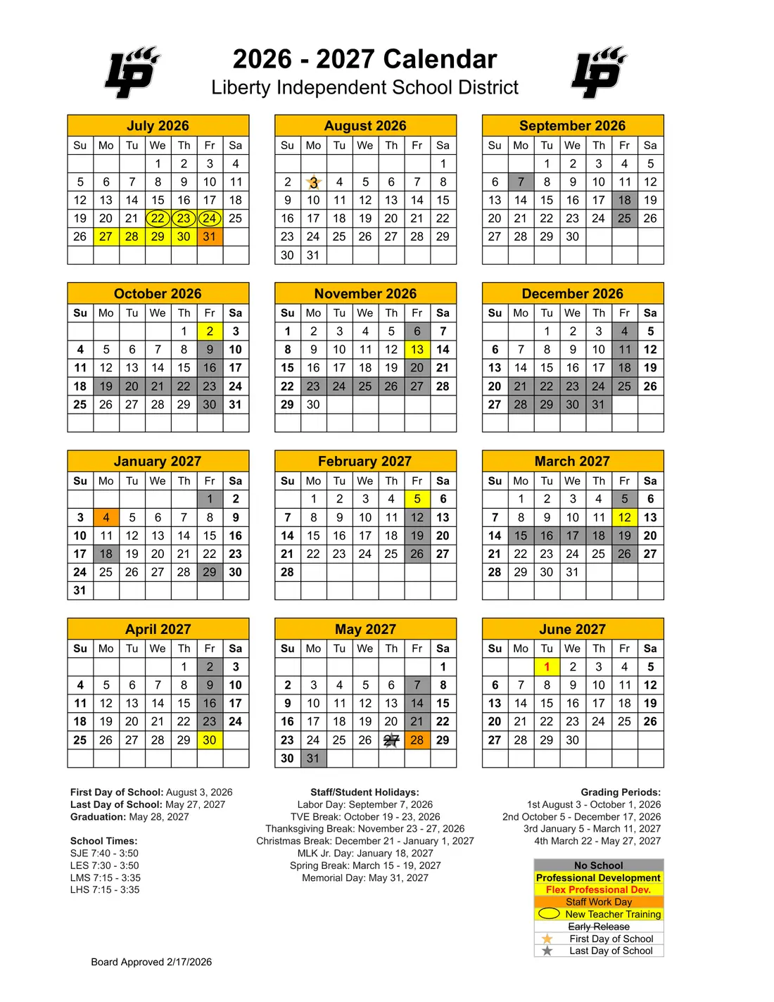 Liberty ISD 2026–2027 academic calendar