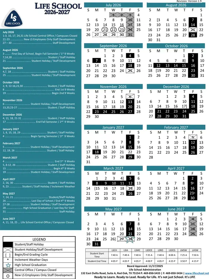 Life School 2026–2027 academic calendar