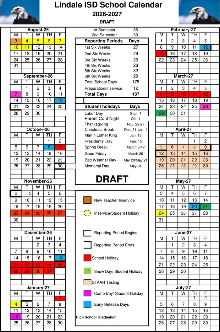 Lindale ISD 2026–2027 academic calendar