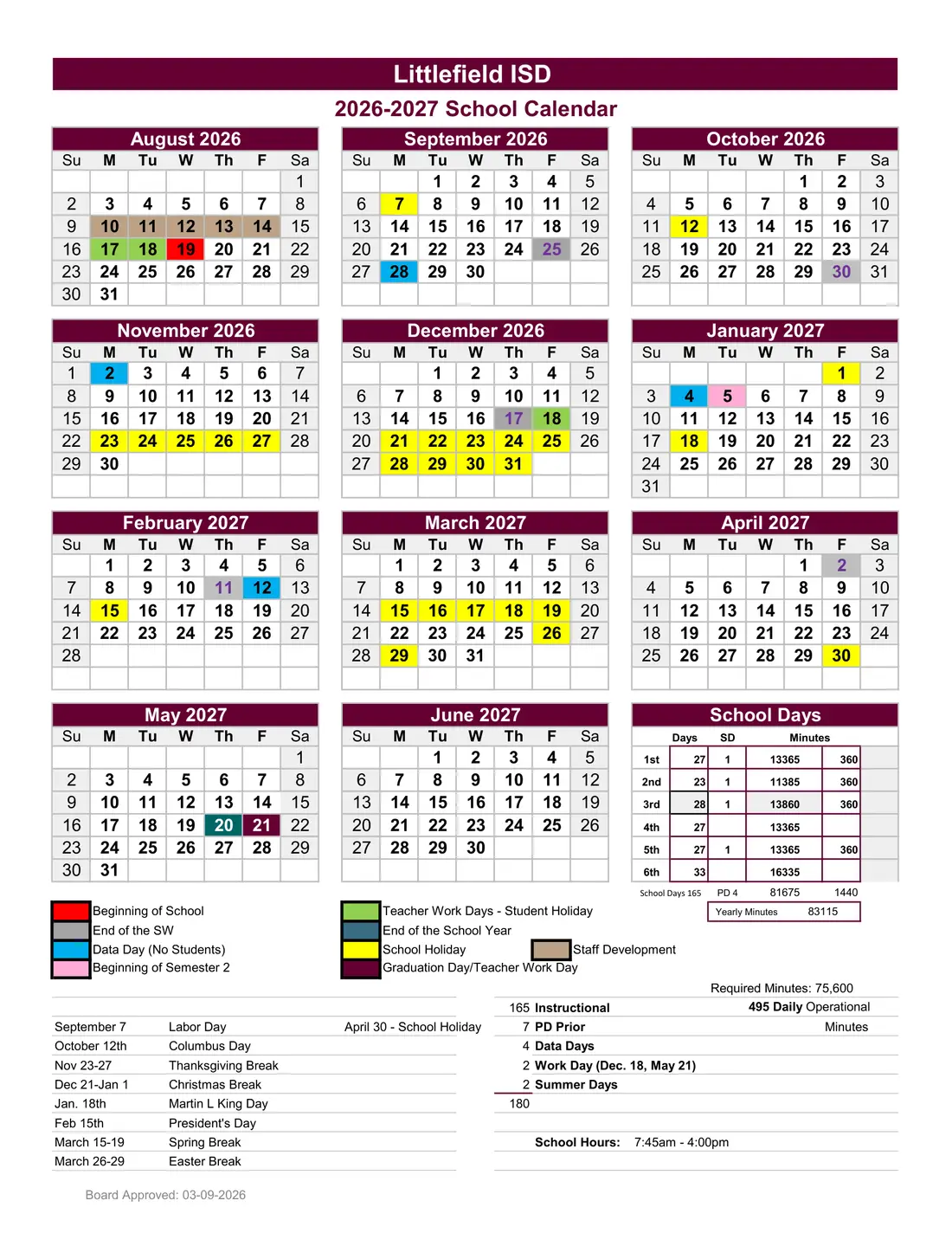 Littlefield ISD 2026–2027 academic calendar