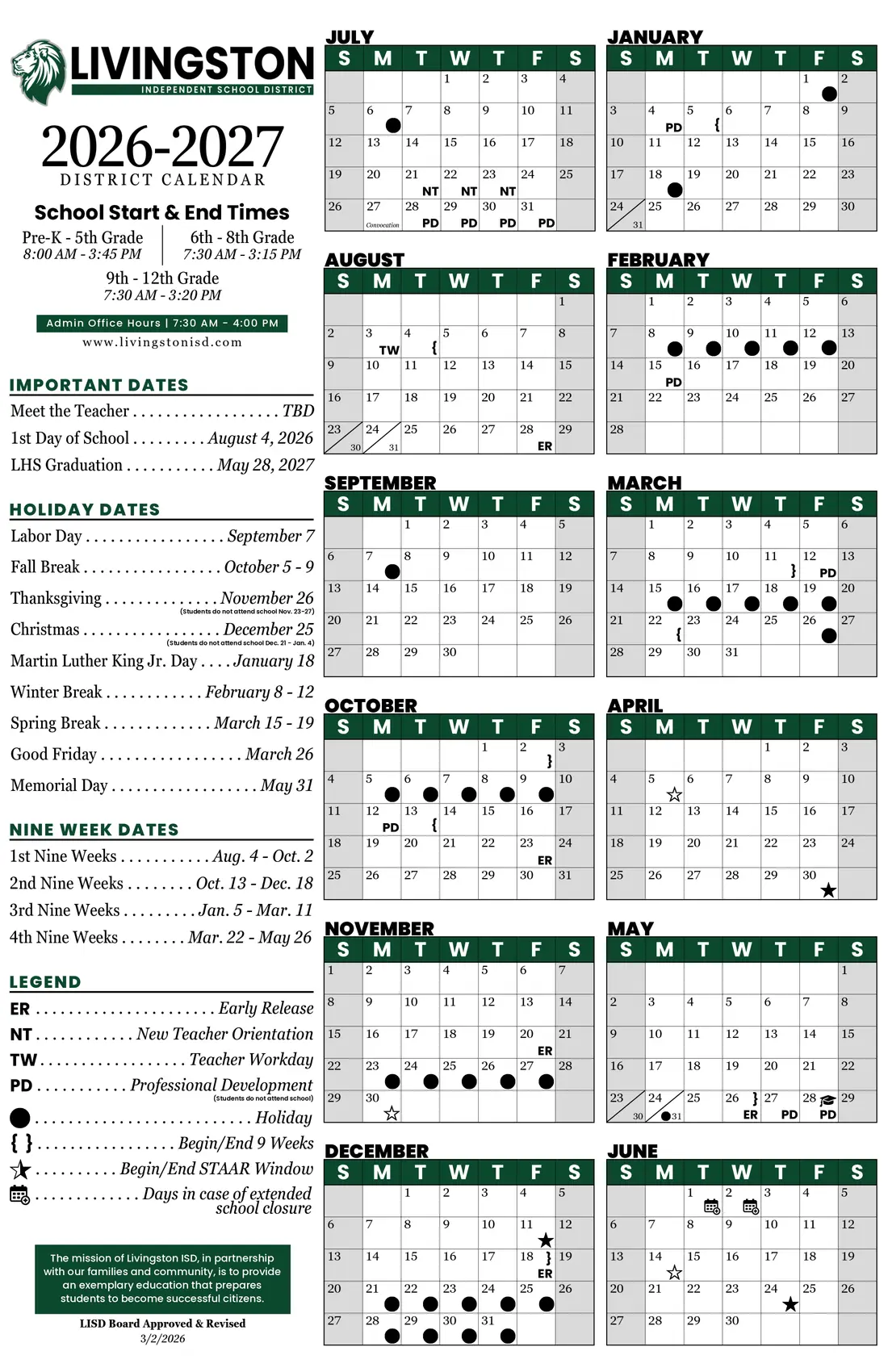 Livingston ISD 2026–2027 academic calendar