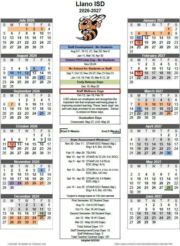 Llano ISD 2026–2027 academic calendar