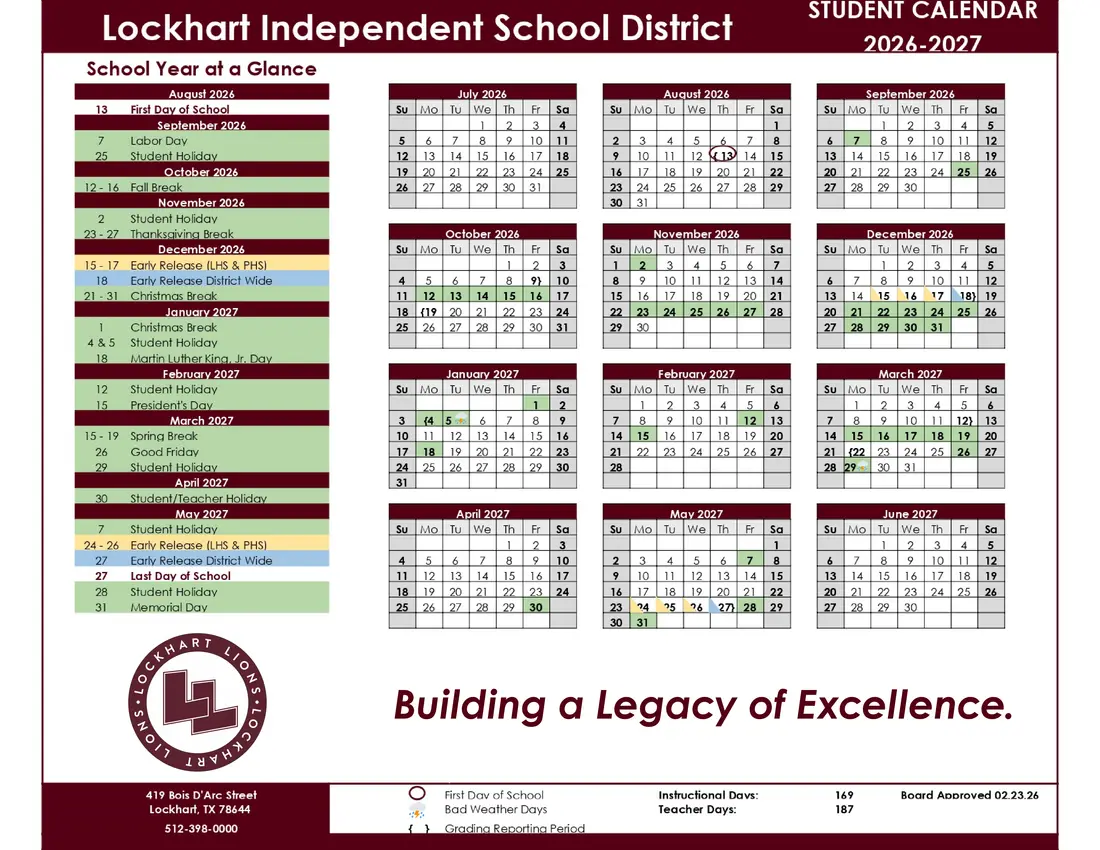 Lockhart ISD 2026–2027 academic calendar