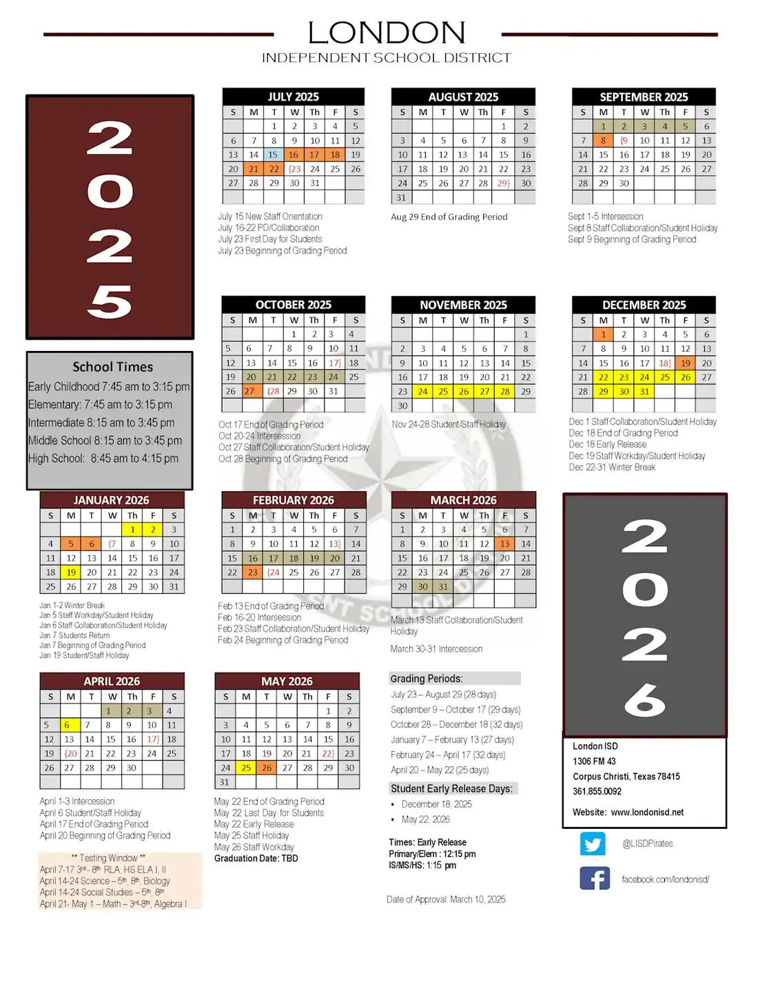 London ISD 2026–2027 academic calendar