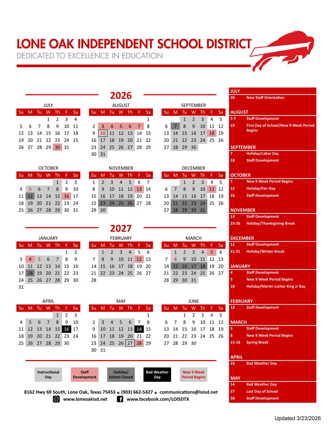 Lone Oak ISD 2026–2027 academic calendar