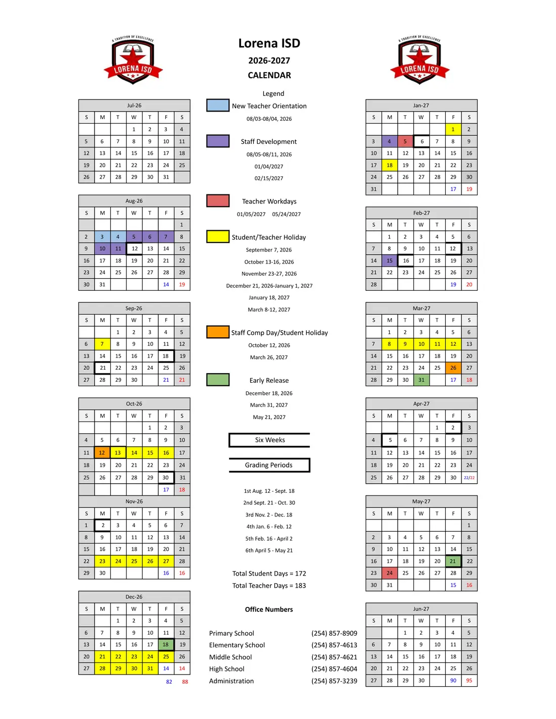 Lorena ISD 2026–2027 academic calendar