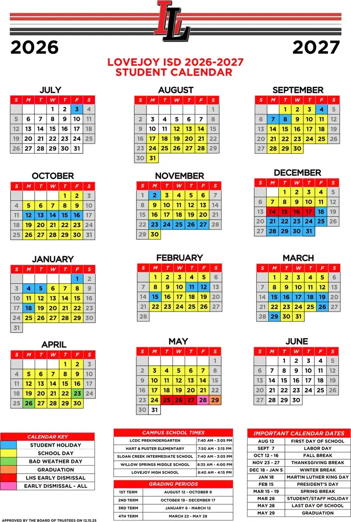 Lovejoy ISD 2026–2027 academic calendar