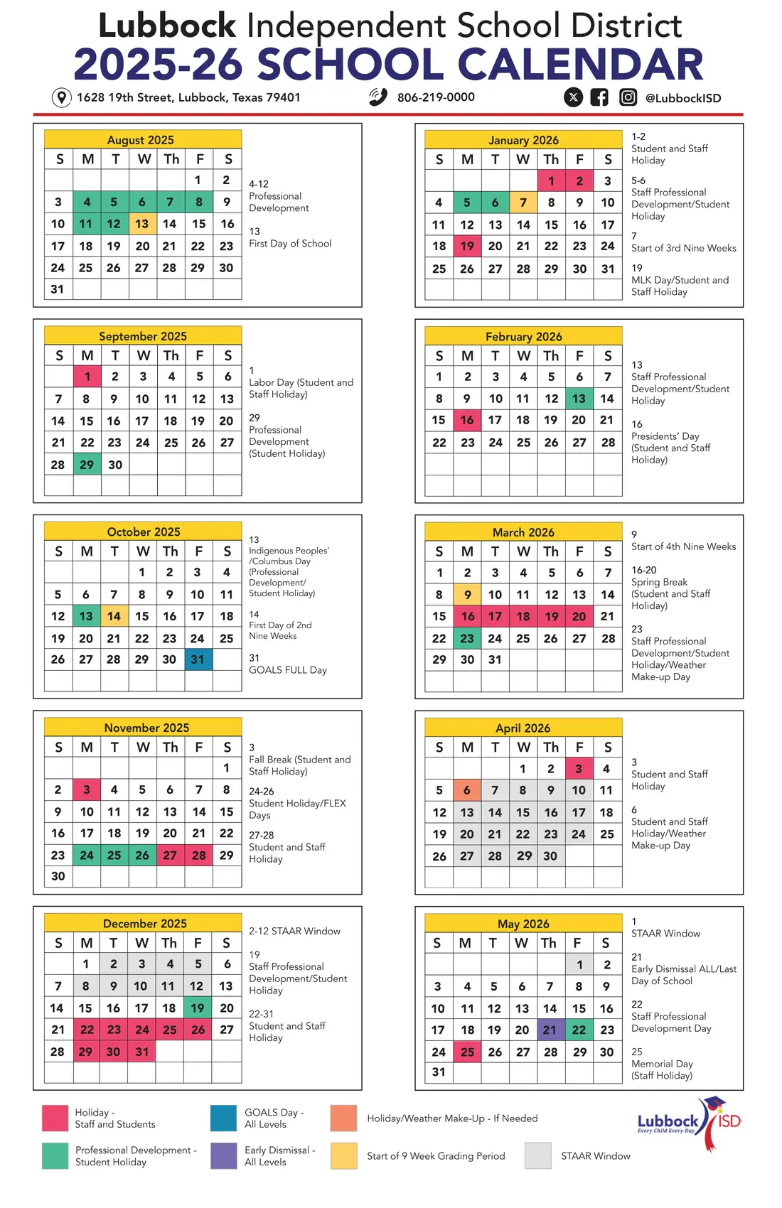 Lubbock ISD 2026–2027 academic calendar