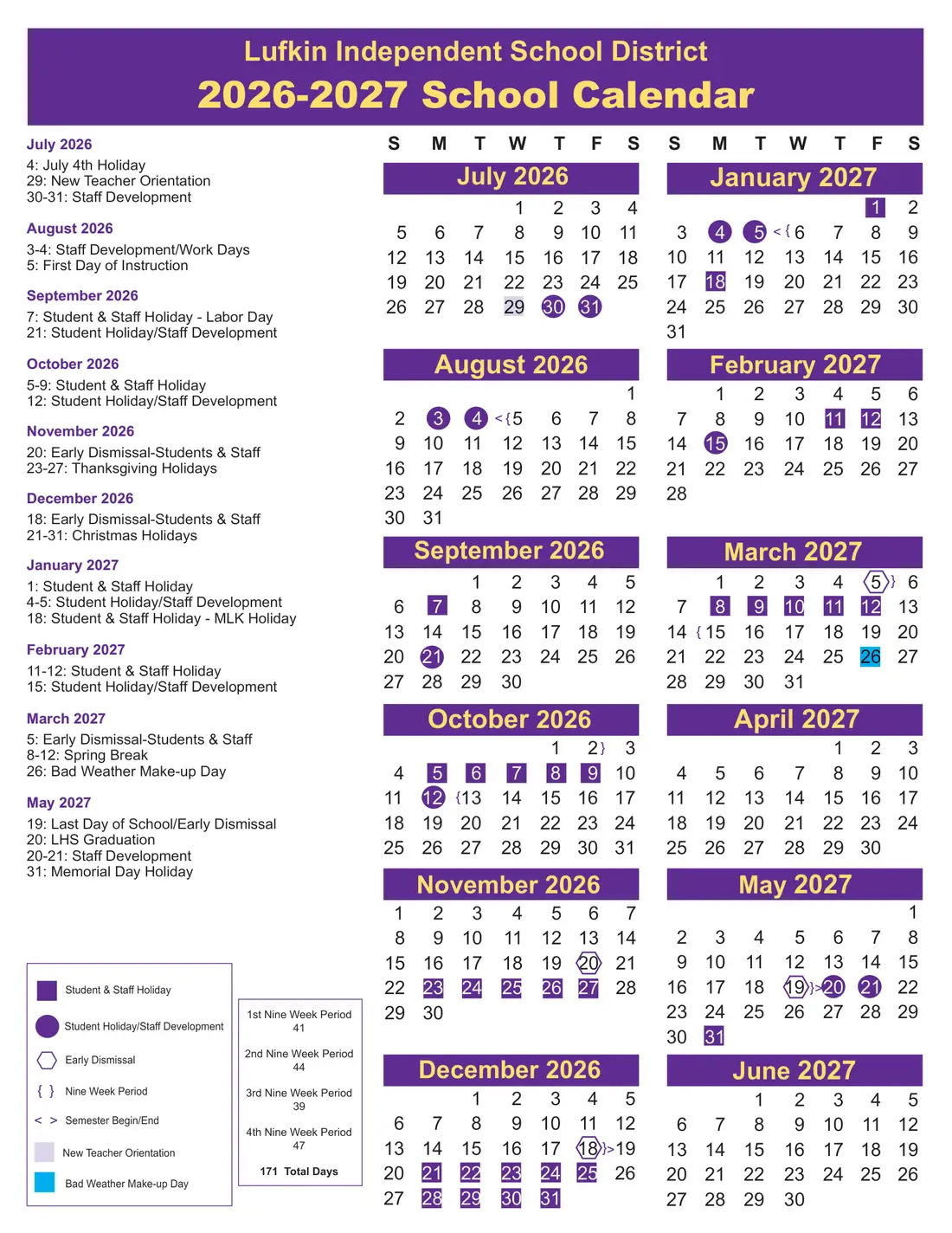 Lufkin ISD 2026–2027 academic calendar