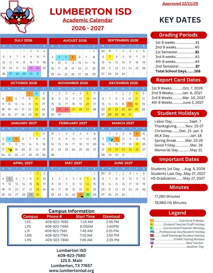 Lumberton ISD 2026–2027 academic calendar