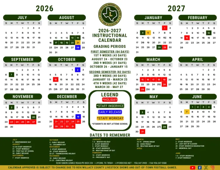 Lyford CISD 2026–2027 academic calendar