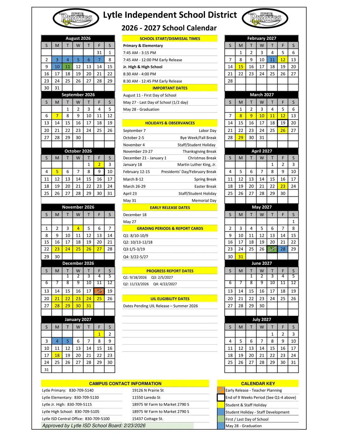 Lytle ISD 2026–2027 academic calendar