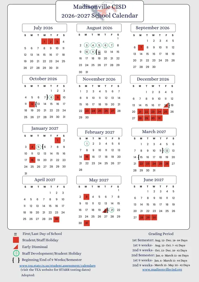 Madisonville CISD 2026–2027 academic calendar