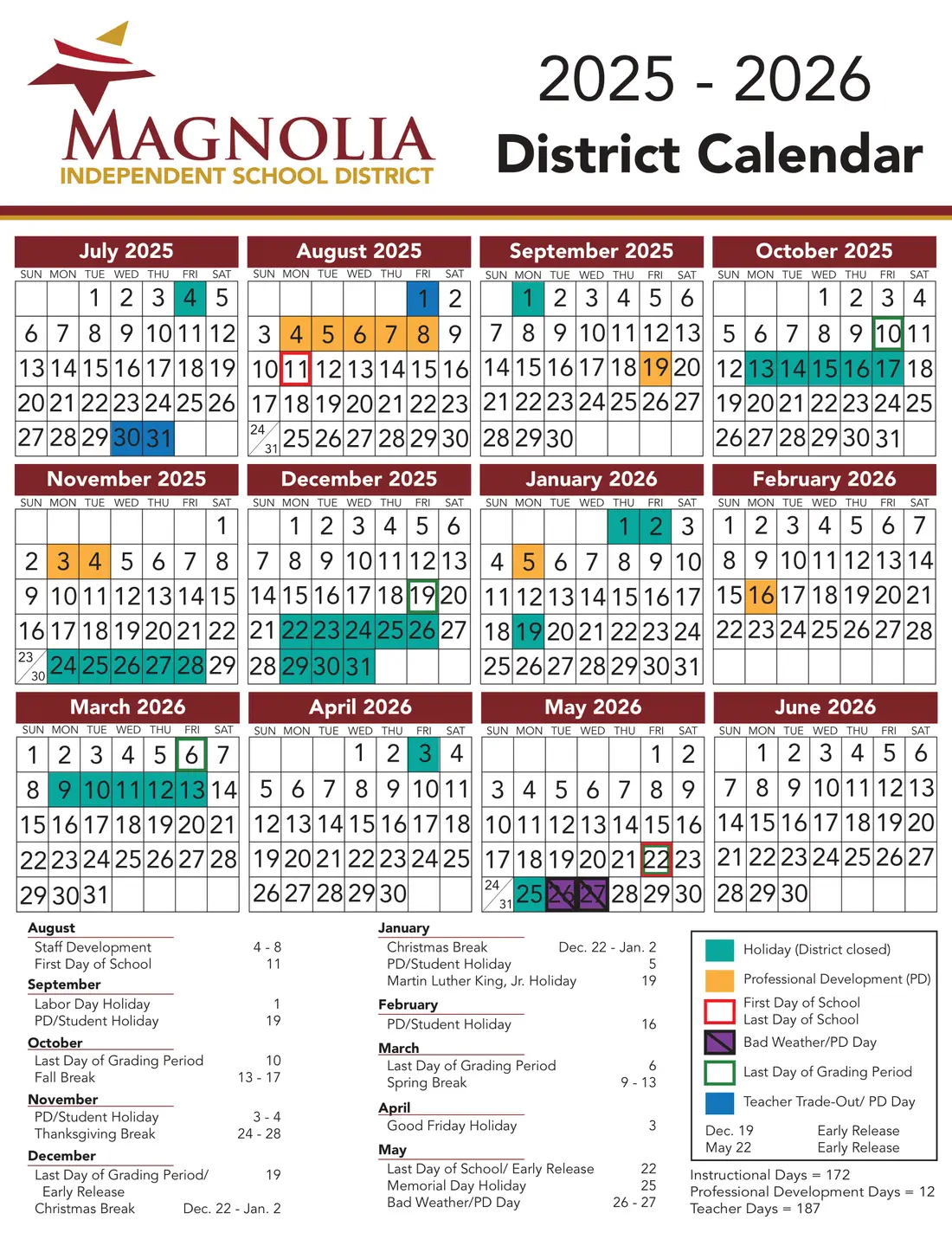 Magnolia ISD 2026–2027 academic calendar