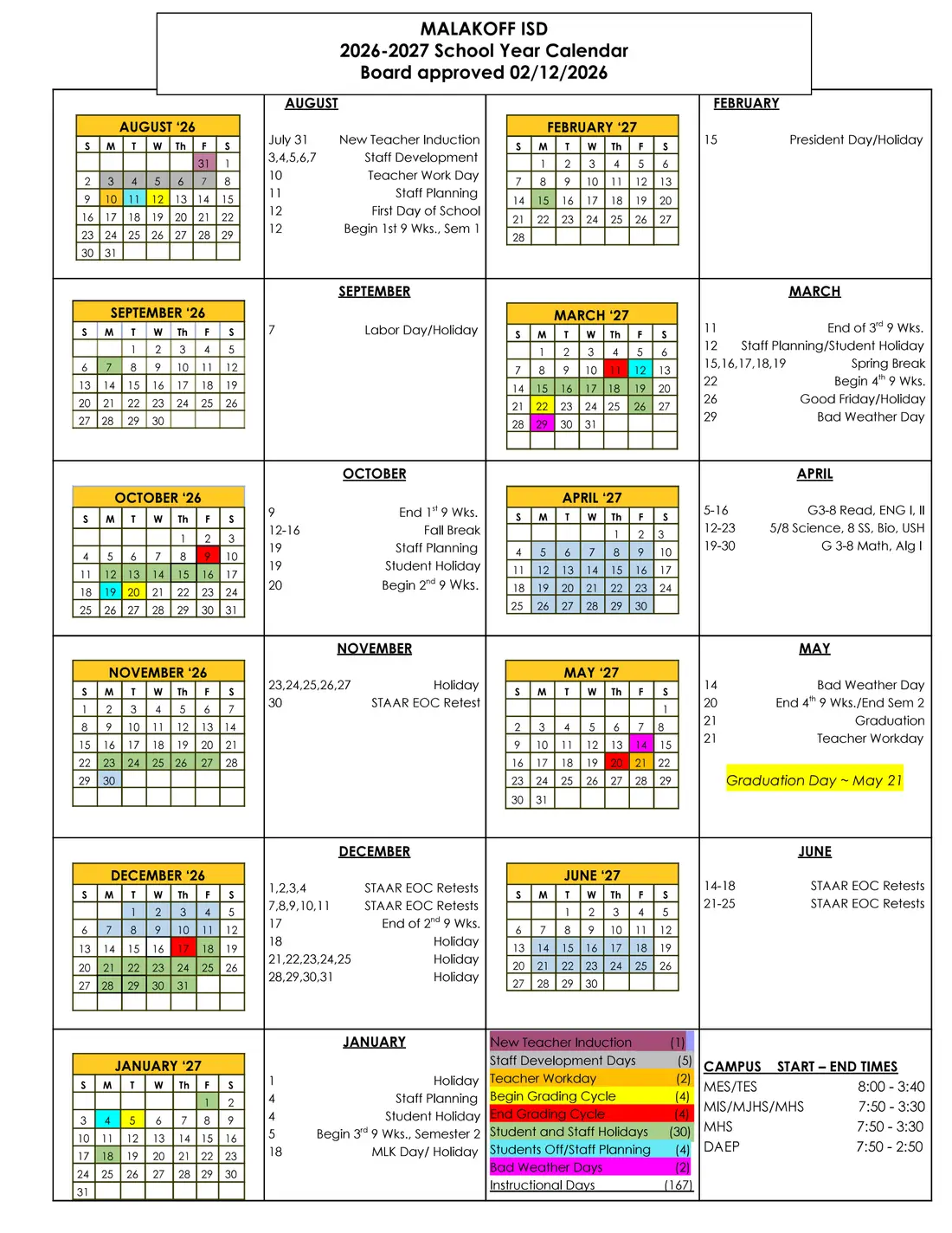 Malakoff ISD 2026–2027 academic calendar